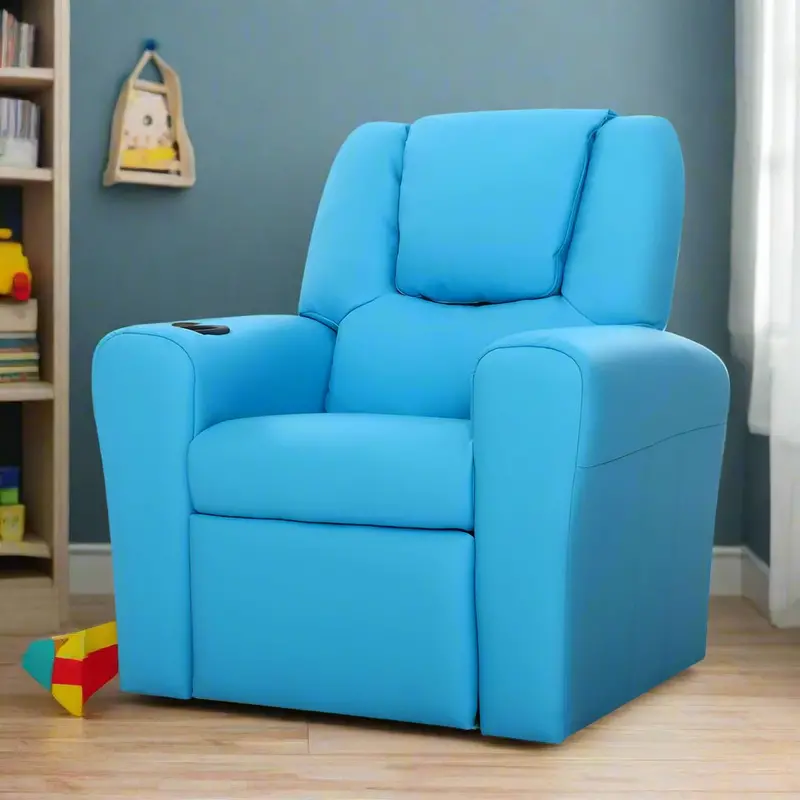 Keezi Pu Leather Kids Recliner Chair – Blue Lounge Armchair For Children 1