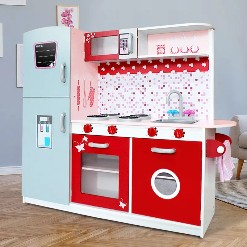 Keezi Red Wooden Kitchen Playset – Fridge, Oven & Accessories For Pretend Cooking Fun 1