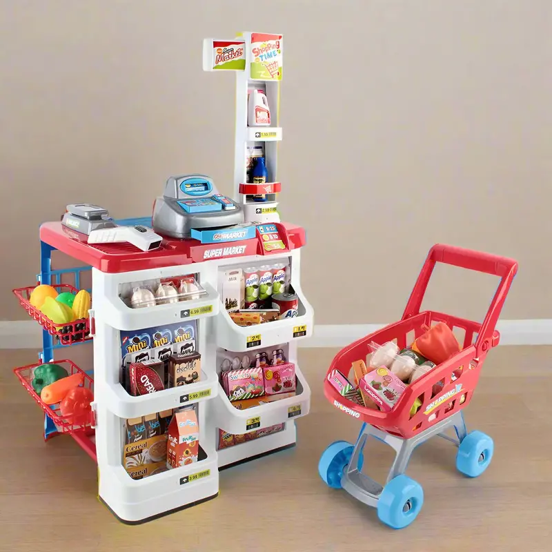 Keezi Supermarket Role-Play Set – 24-Piece Pretend Shopping Kit With Cash Register & Trolley 1