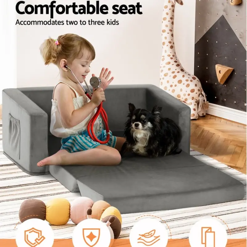 Keezi Two-Seater Kids Sofa – Flip-Open Velvet Grey Couch With Armrests For Children 1