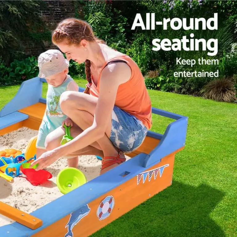 Keezi Wooden Boat Sandpit – 150Cm Canopied Sandbox With Bench Seat For Beach-Themed Play 1