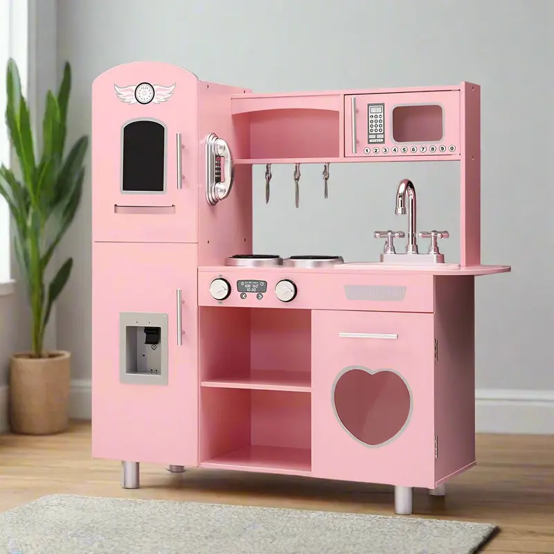 Keezi Wooden Kids Kitchen Playset – Pink Pretend Cooking Toy With Storage For Children 1