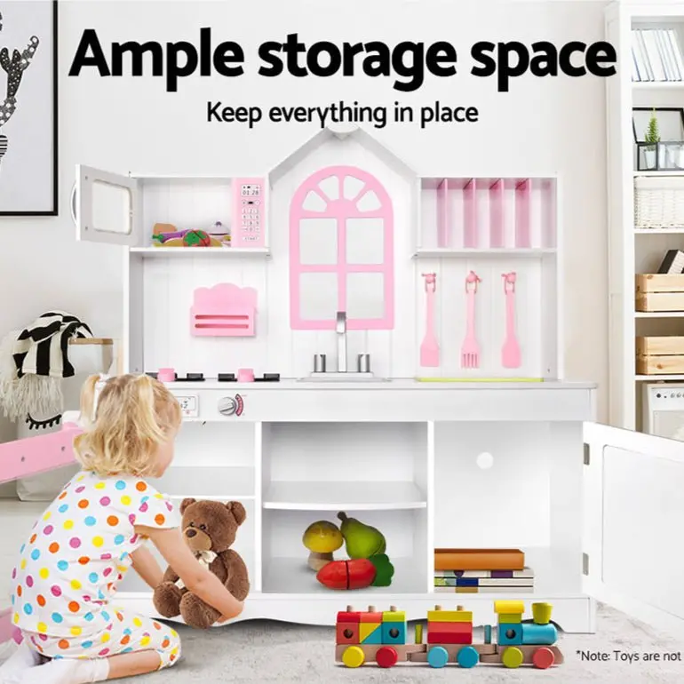 Keezi Wooden Kitchen Playset – Functional Pretend Cooking Station With Storage Cabinet 1