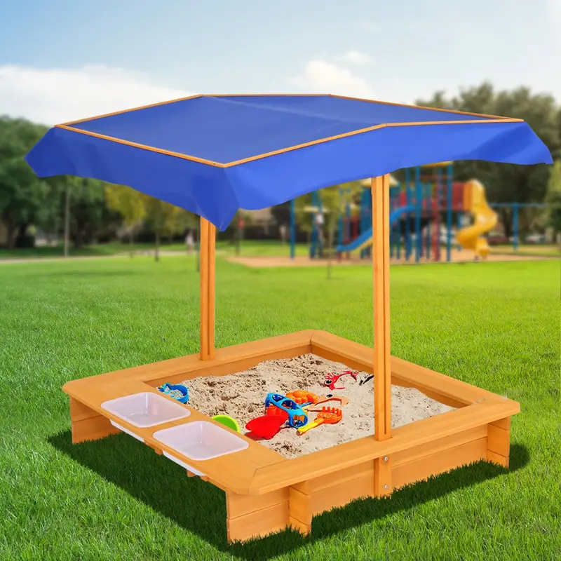 Keezi Wooden Sandpit With Canopy & Water Basin – 103Cm Outdoor Sandbox For Kids 1