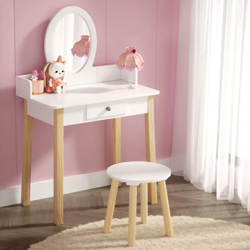 Keezi Wooden Vanity Dressing Table Set – Legged Makeup Desk With Mirror, Drawer, And Matching Chair 1