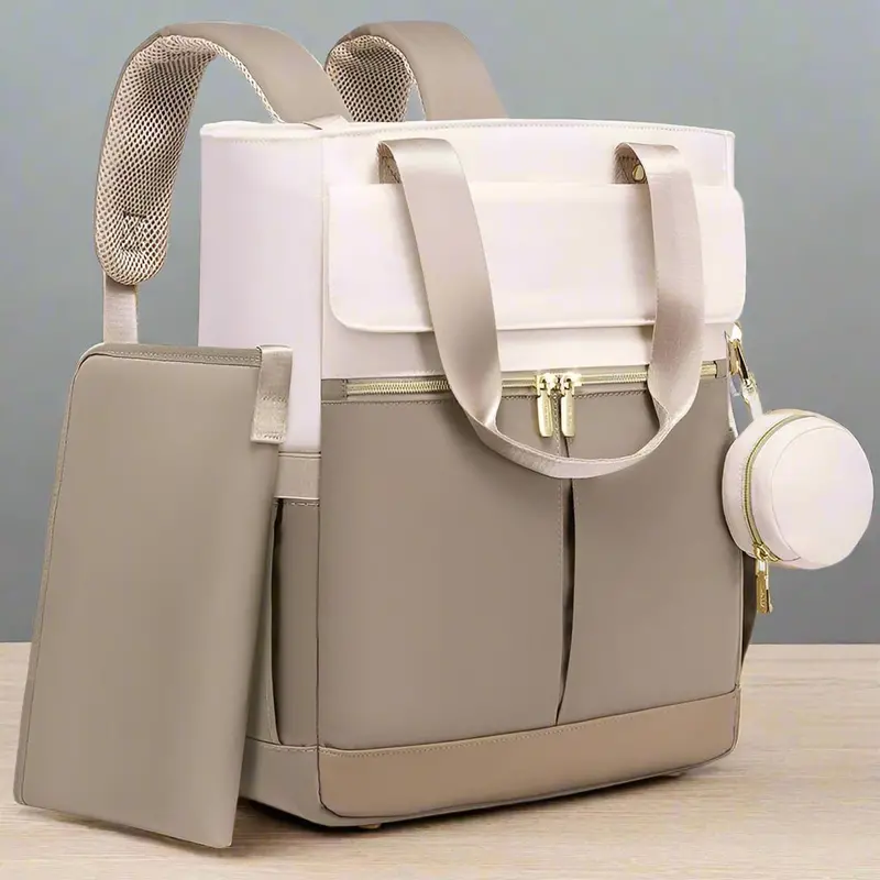 Khaki-And-Beige Diaper Backpack By Danoz Fashion – Multi-Compartment Nappy Bag With Insulated Pockets & Accessories 1