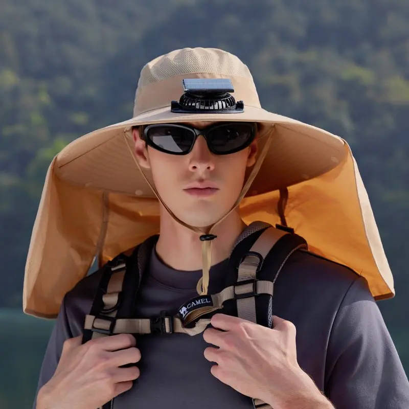 Khaki Solar Fan Sun Hat – Wide-Brim Outdoor Hat With Integrated Neck Cape 1