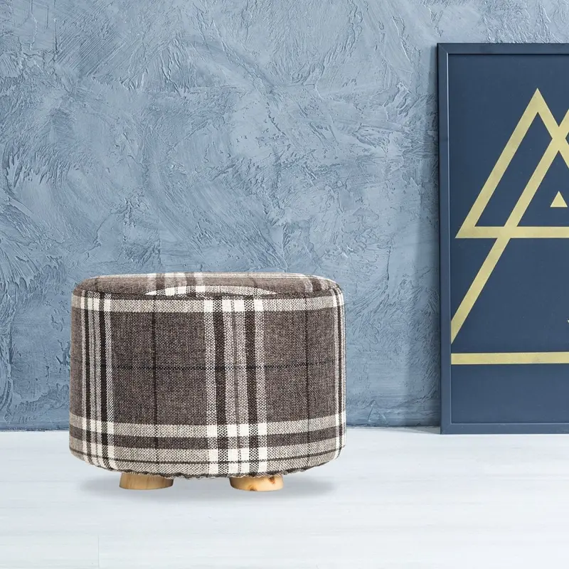 Lattice-Print Fabric Ottoman – Round Wooden-Leg Footstool In Contemporary Textured Design 1