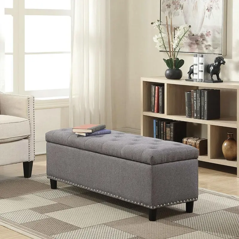 Linen-Finish Storage Ottoman Bench – 48-Inch Grey Bedroom Footrest 1