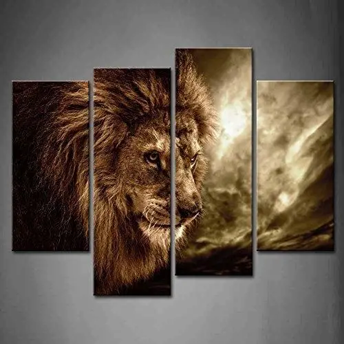 Lion Portrait Canvas Wall Art – Four-Panel Print With Wooden Frame 1