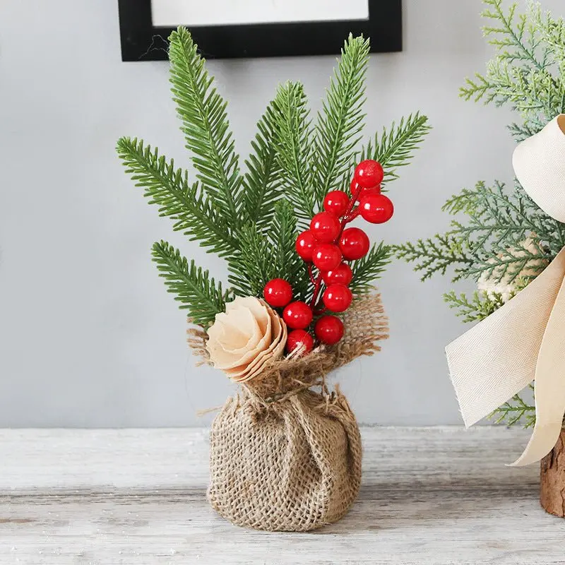 Mini Pine Christmas Tree Decor – Set Of 4 Burlap-Base Trees With Red Berry Accents (10.24 Inches Tall) 1