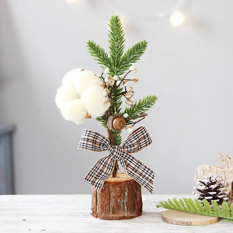 Mini Rustic Christmas Tree Decor – Set Of 4 Cotton-And-Plaid-Bow Accented Trees (9.84 Inches Tall) 1