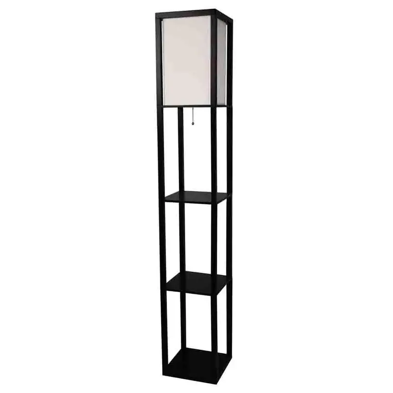 Modern Black 3-Shelf Floor Lamp With Soft Beige Linen Drum Shade 1