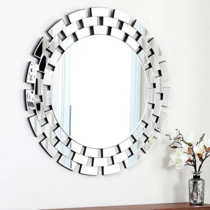 Modern Round Wall Mirror – 35.5-Inch Diameter With Layered Glass Brick Frame 1