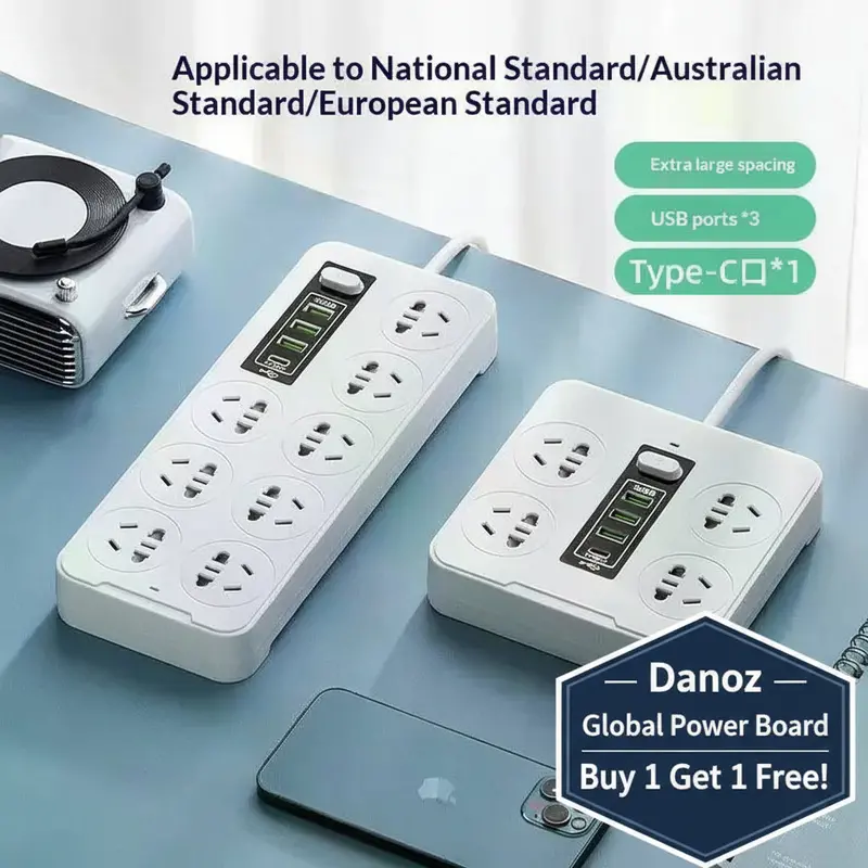 Multi-Standard Surge-Protected Power Strip – Eu/Us/Au Outlets + Usb-C Pd Ports With Extension Cord 1