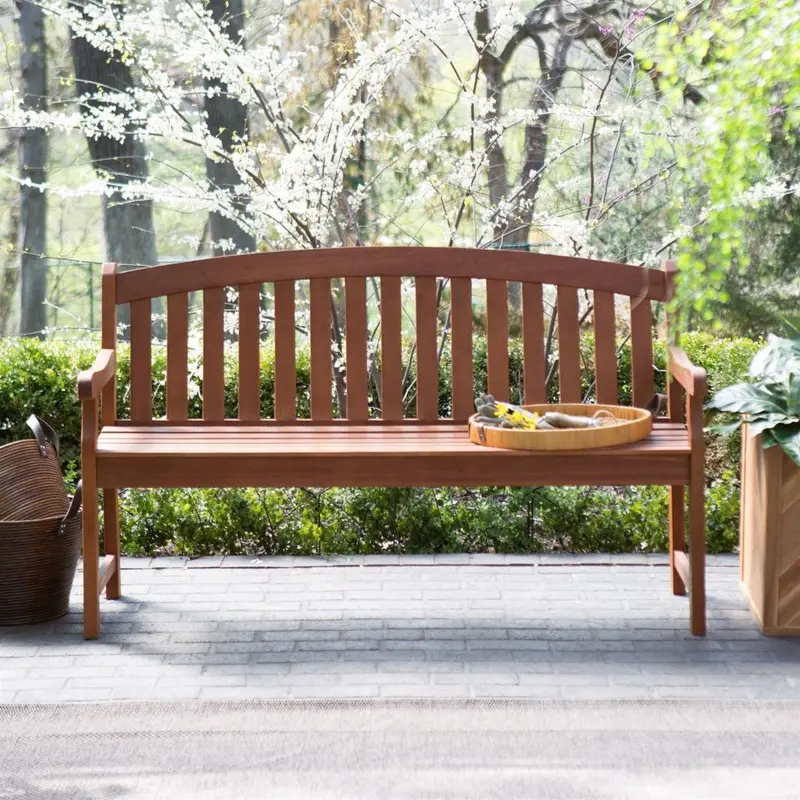 Natural Wood 4-Foot Curved-Back Garden Bench With Armrests 1