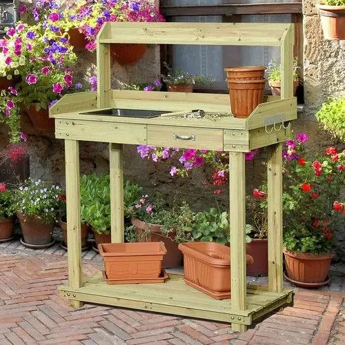 Natural Wood Potting Bench With Sink & Outdoor Storage 1