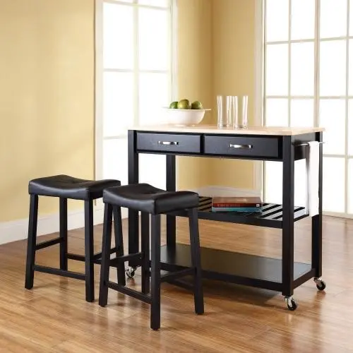 Natural Wood-Topped Kitchen Island Cart In Matte Black With Matching Saddle Stools 1