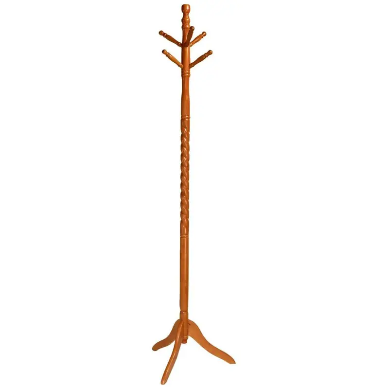 Oak-Finish Twist-Style Entryway Hall Tree With Hat Hooks And Coat Hooks 1
