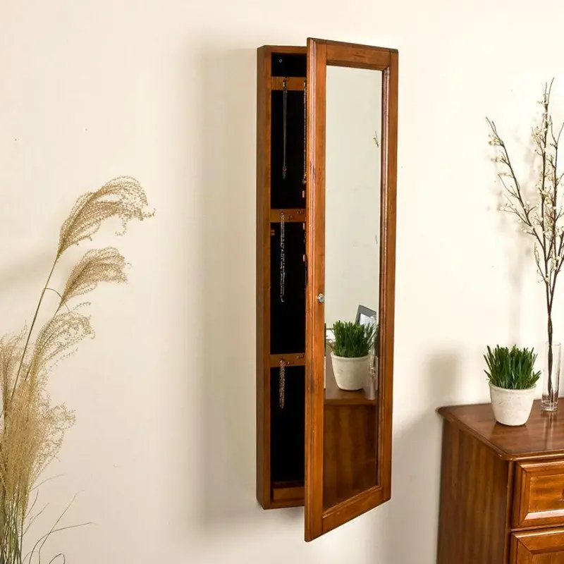 Oak-Finished Wall Jewelry Cabinet – Mounted Armoire With Integrated Mirror 1