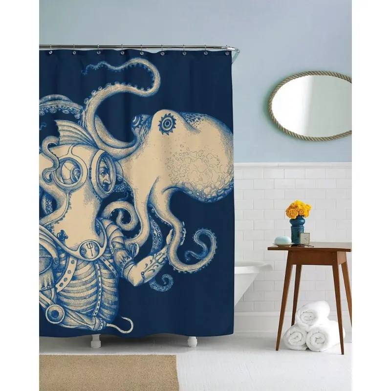 Ocean-Themed Scuba Diver & Octopus Shower Curtain – 72-Inch Length 1