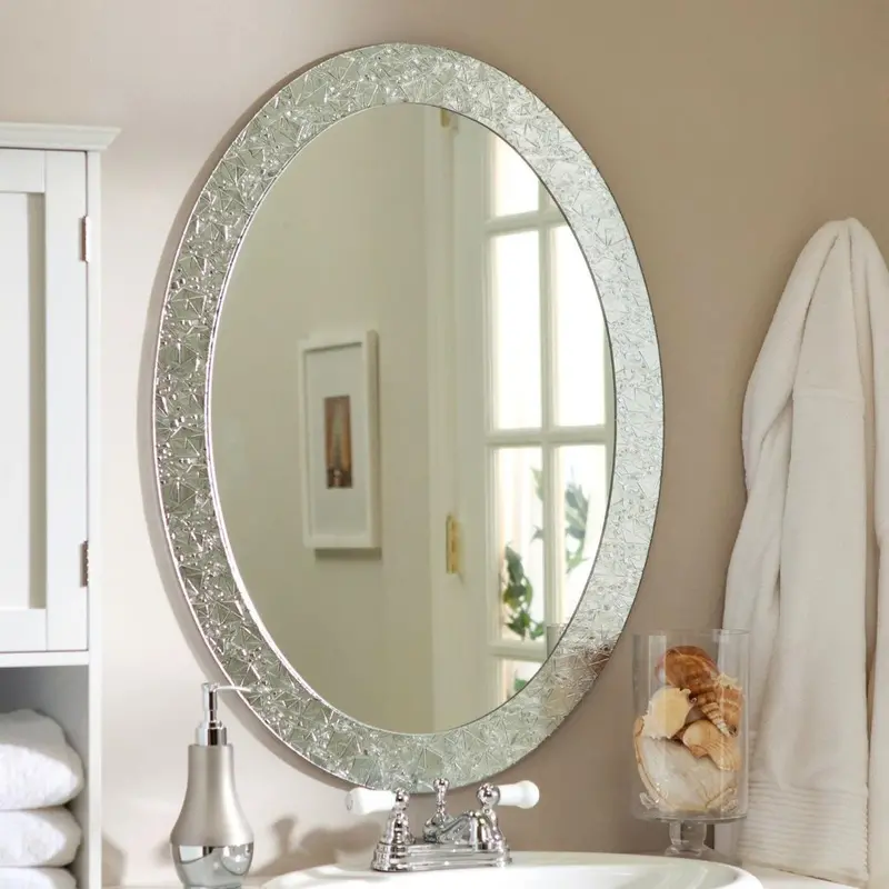 Oval Frameless Vanity Mirror With Crystal-Accented Border – Bathroom Accent 1