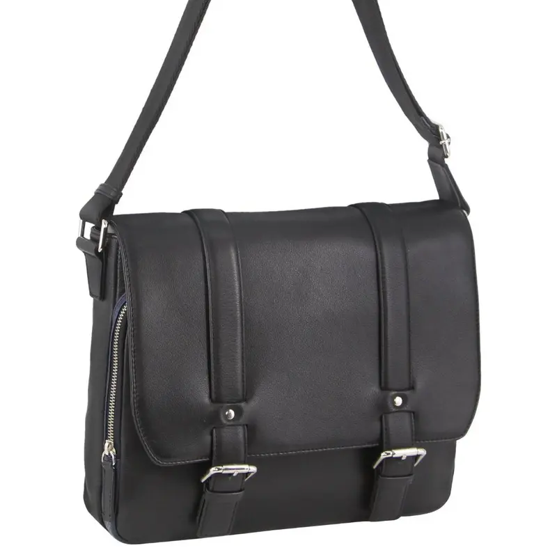 Pierre Cardin Black Pebbled Leather Overnight Satchel With Laptop Sleeve 1