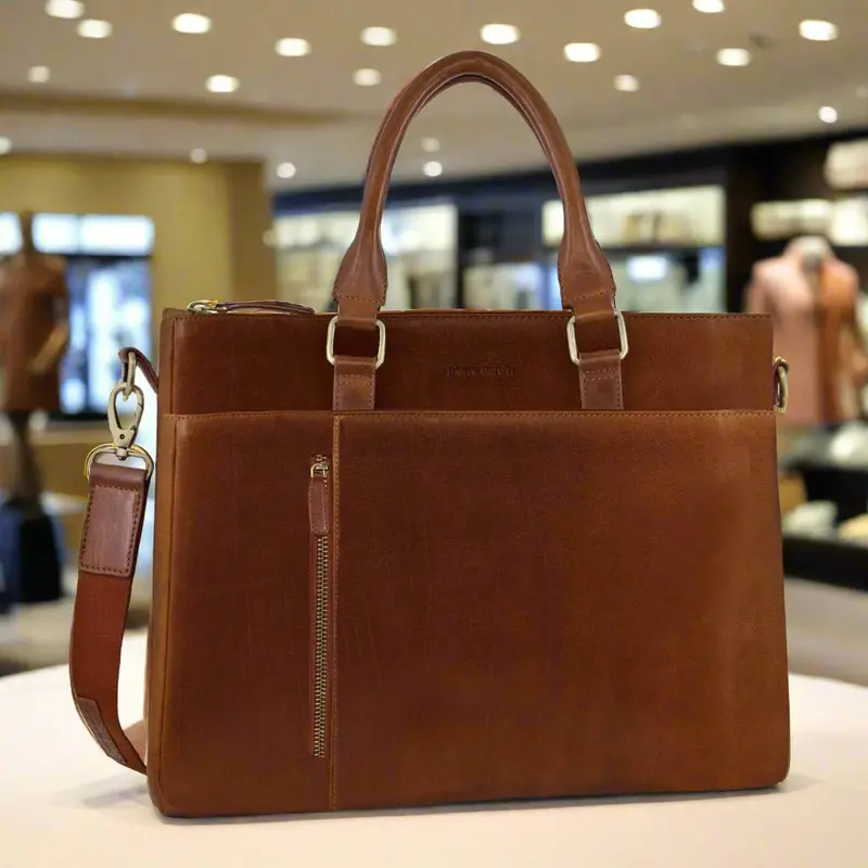 Pierre Cardin Men'S Tan Leather Business Briefcase With Laptop Compartment 1