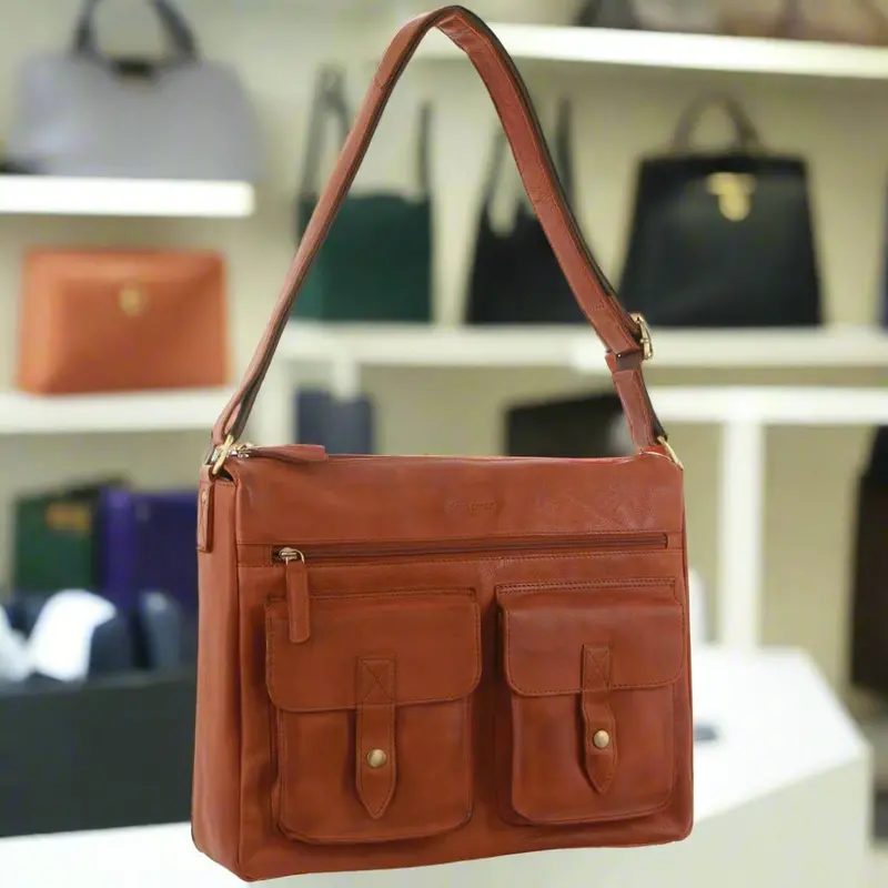 Pierre Cardin Rustic Cognac Leather Laptop Satchel – Travel-Friendly Tote 1