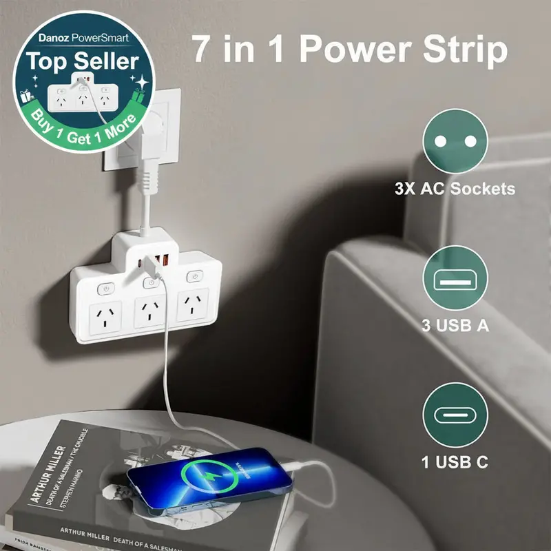 Powersmart Wall-Mountable Power Strip – 3 Ac Outlets + 4 Usb-C Ports, 2500W, Au Standard Plug 1