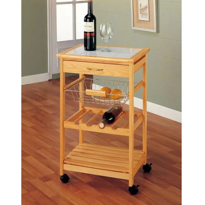 Rolling Wooden Kitchen Cart With Ceramic Tile Top And Casters 1