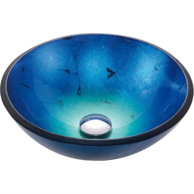 Round Tempered Blue Glass Vessel Sink For Contemporary Bathroom Vanities 1