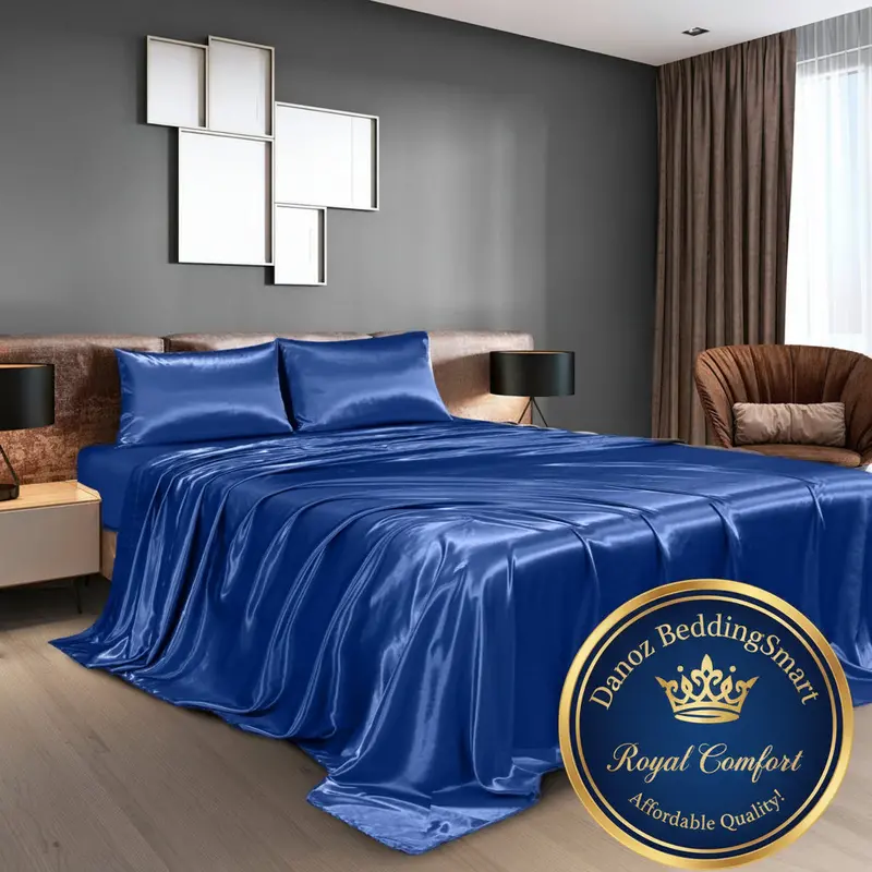 Royal Comfort Satin Sheet Set – 4-Piece King, Navy Blue Elegance 1