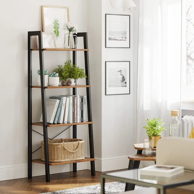 Rustic 4-Tier Metal Bookshelf – Industrial-Style Steel Frame Shelf With Brown & Black Finish 1