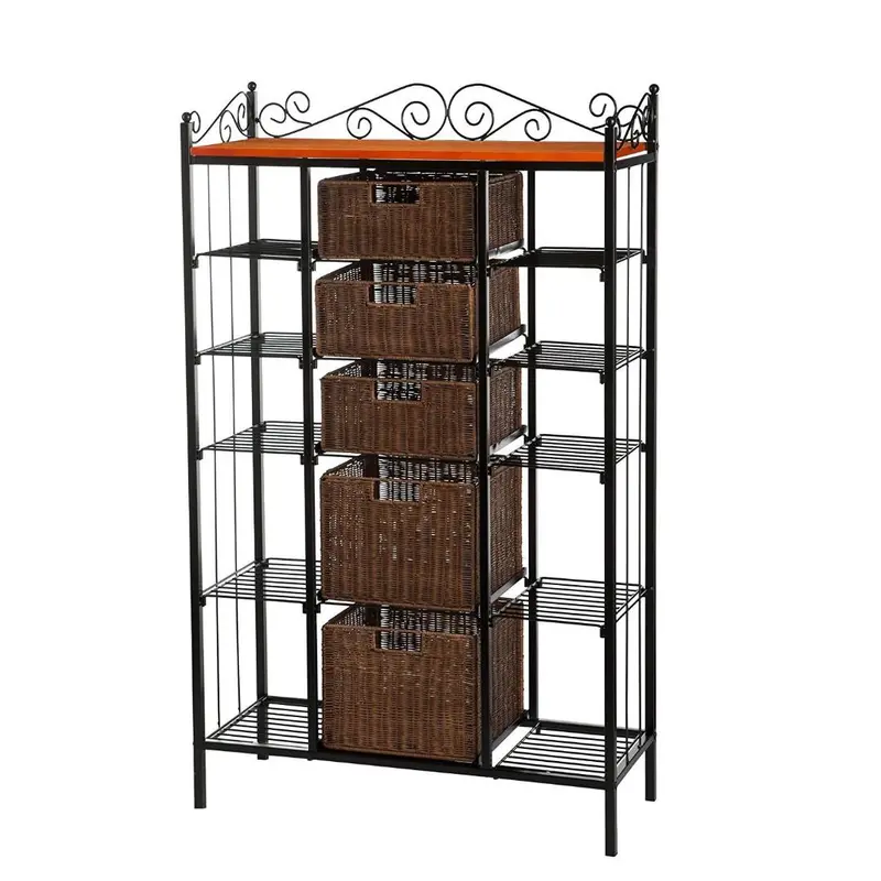 Rustic Black Iron Baker’S Rack With Five Natural Rattan Baskets 1