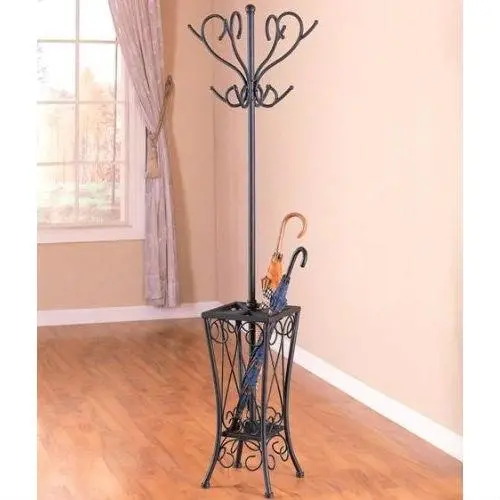 Satin Black Metal Coat Rack With Integrated Umbrella Holder 1