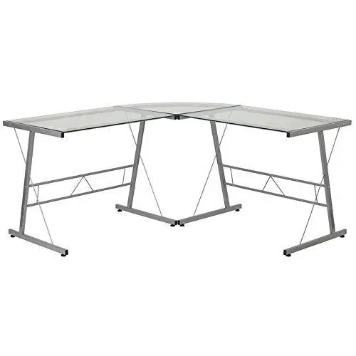Silver L-Shaped Metal Desk With Tempered Glass Top – Contemporary Workspace Solution 1