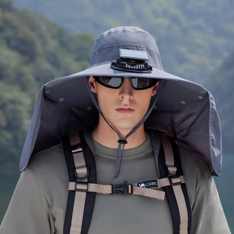 Solar-Powered Sun Hat For Outdoors – Dark Grey Fishing & Hiking Hat With Neck Cape 1