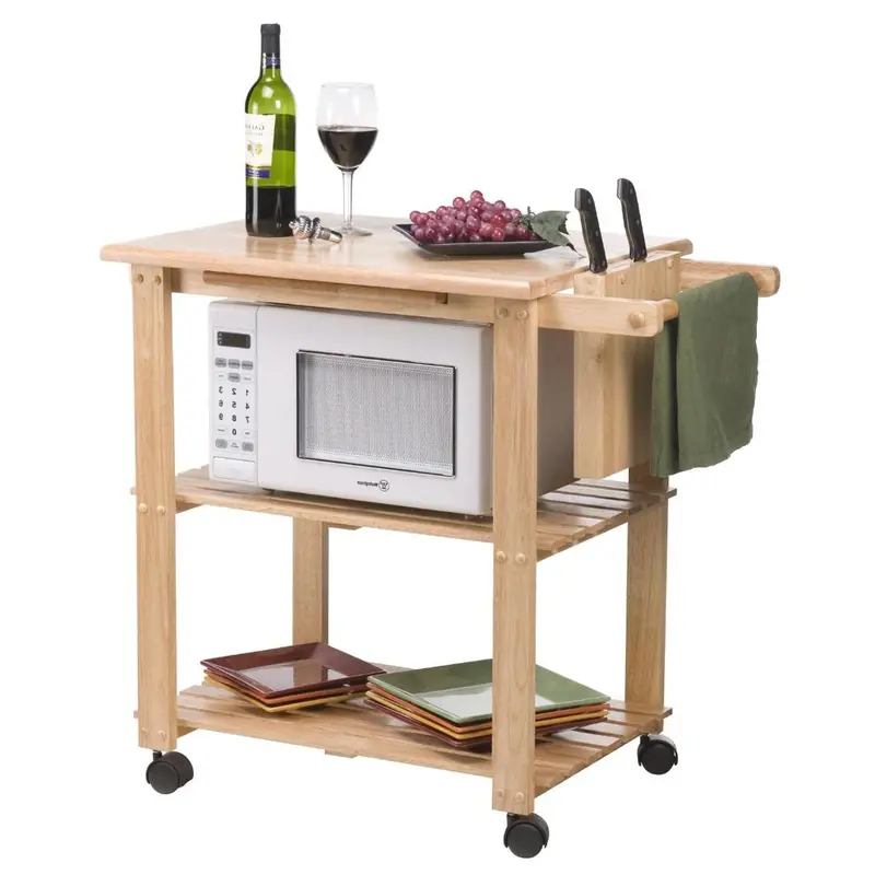 Solid Wood Microwave Cart With Slide-Out Cutting Board And Utility Shelving 1