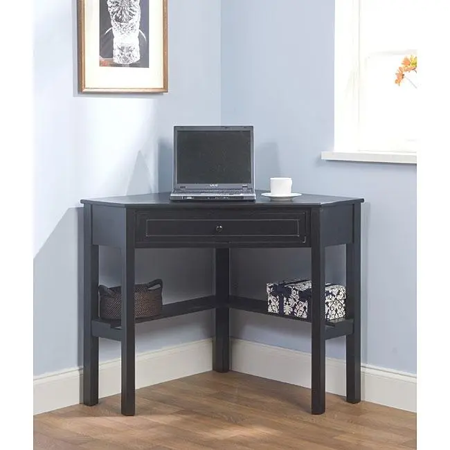 Space-Saving Corner Computer Desk In Black Wood Grain Finish 1