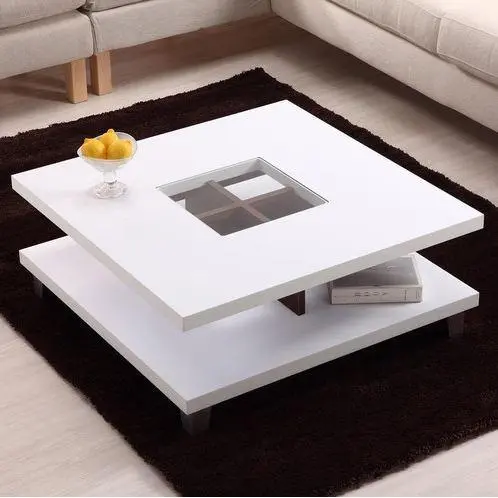 Square Wood Coffee Table With Tempered Glass Inlay – Minimalist Center Design 1