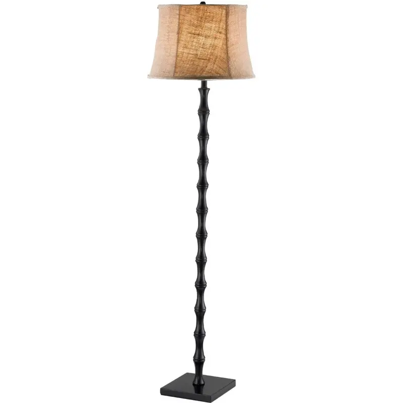 Traditional Black Metal Floor Lamp With Burlap Bell Shade 1