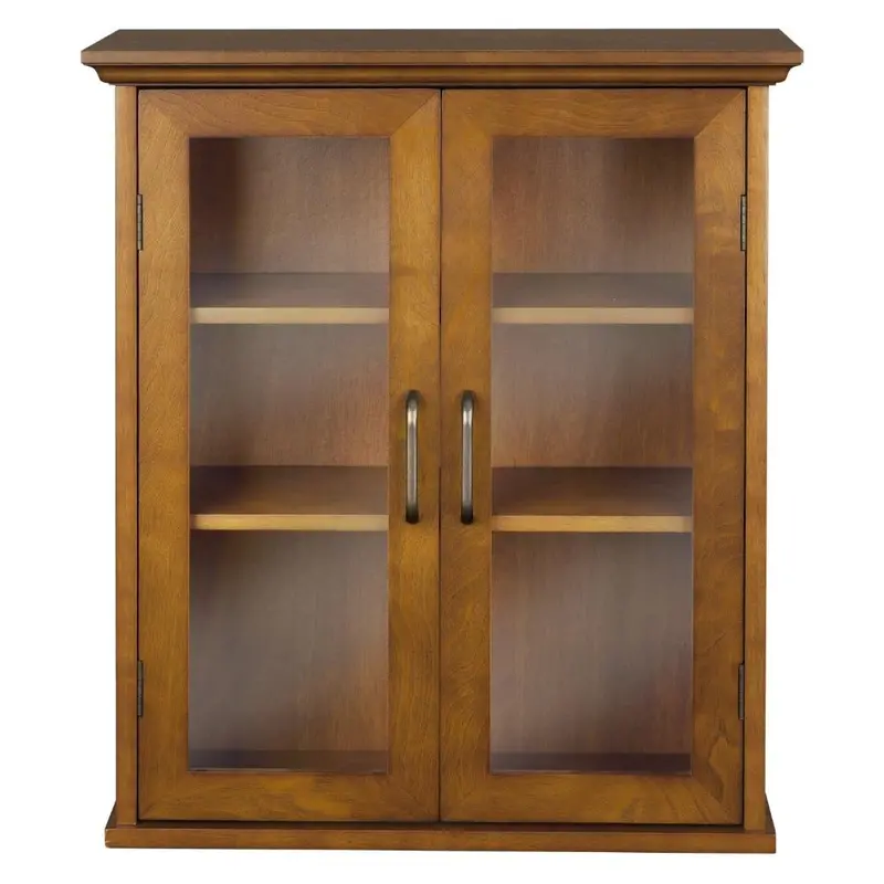 Two-Door Oak-Finish Bathroom Wall Cabinet With Glass Panels And Shelving 1
