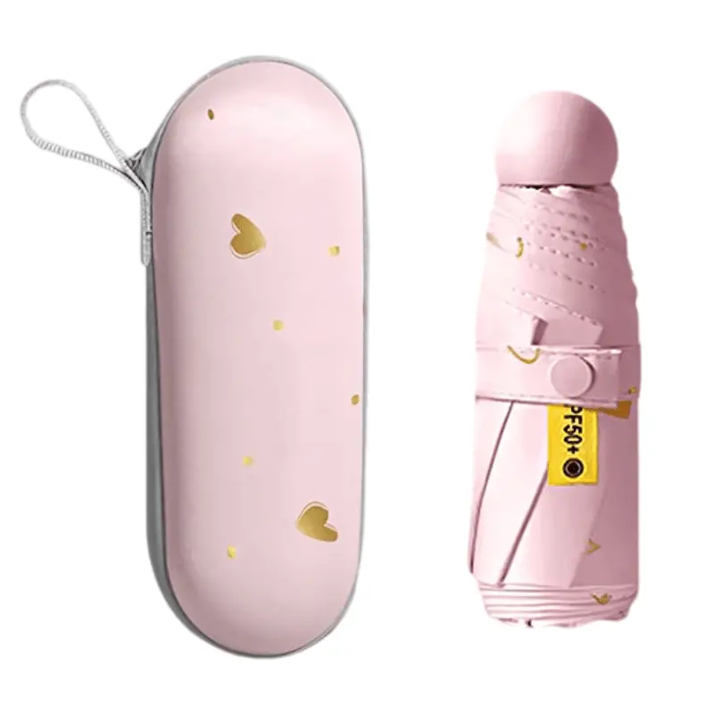 Two-Pack Compact Heart-Print Umbrellas – Pink 5-Fold Portable Parasols For Sun & Rain Defense 1