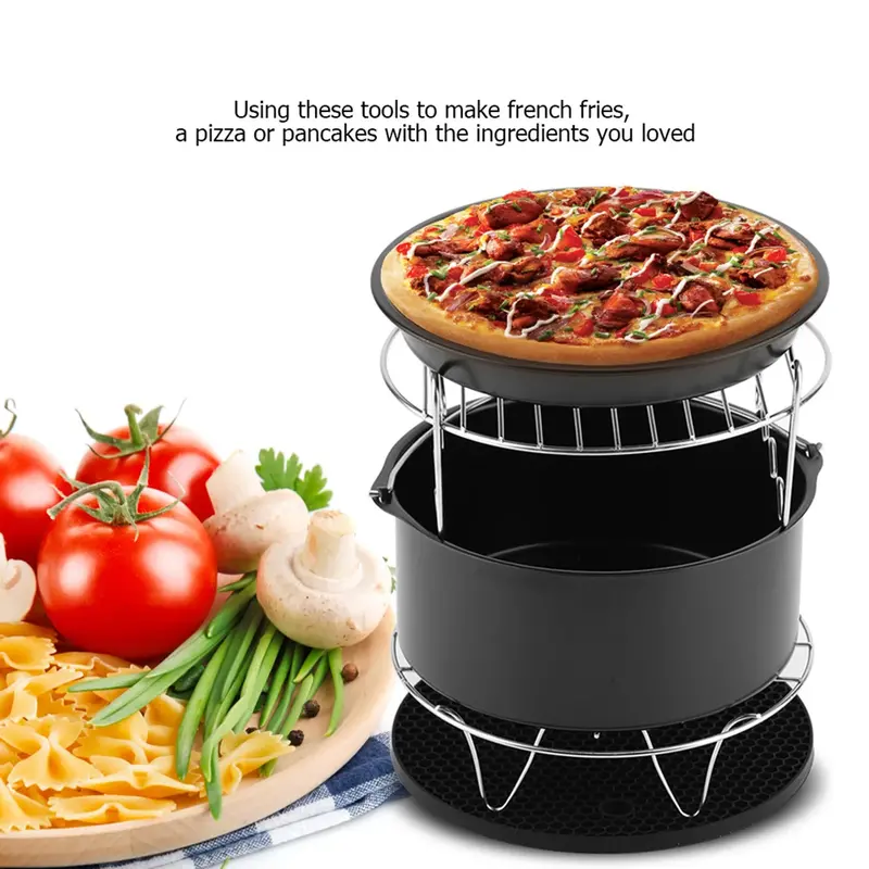 Universal Air Fryer Accessory Kit – 5-Piece Metal Set Including Pizza Pan, Cake Barrel, And Cooking Holders 1