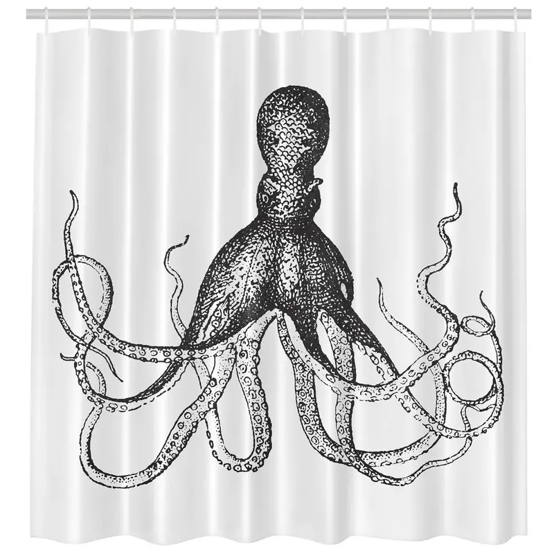 Vintage-Inspired Black And White Octopus Shower Curtain – Machine Washable 1