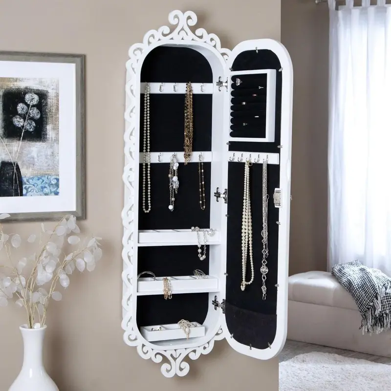 Wall-Mounted Jewelry Armoire With Full-Length Mirror And White Gloss Frame 1