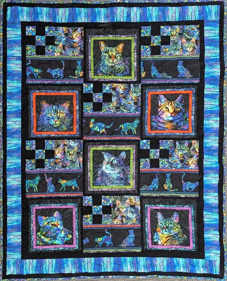 Whimsical Cat Art Quilt Panel: Kitty Bits And Bobs – 46" X 58" 1