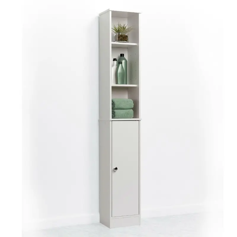White 3-Tier Linen Tower With Open Shelving And Lower Storage Cabinet 1