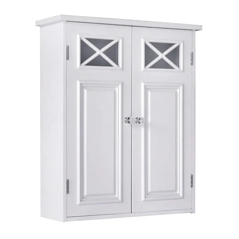 White Decorative Bathroom Wall Cabinet — Crisscross Frosted Glass Panel 1